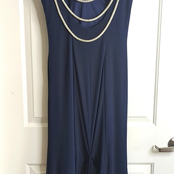 Precious Formals Lux Gal Navy Evening Gown Tiered Rhinestone Cord Neckline S - Picture 13 of 17